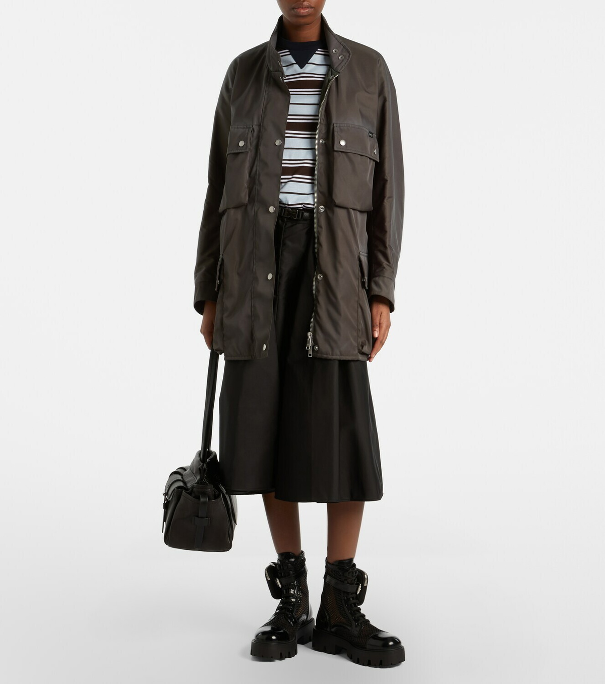 Prada Leather-trimmed mesh combat boots