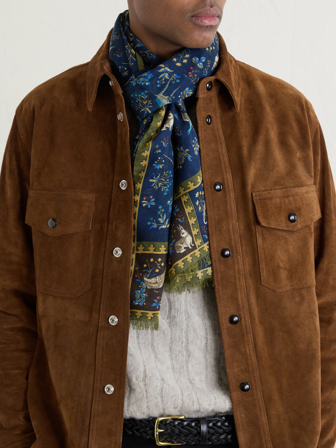 Drake's - Fringed Printed Wool and Silk-Blend Scarf