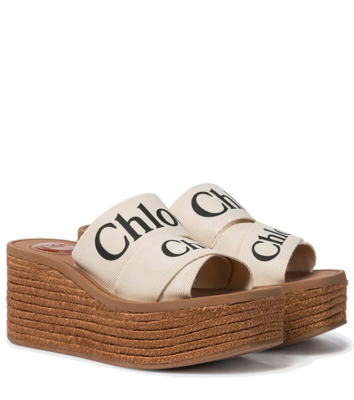 CHLOÉ WOODY WEDGE SANDALS IN BLACK CANVAS WITH CIDER BROWN RUBBER SOLE main image 0