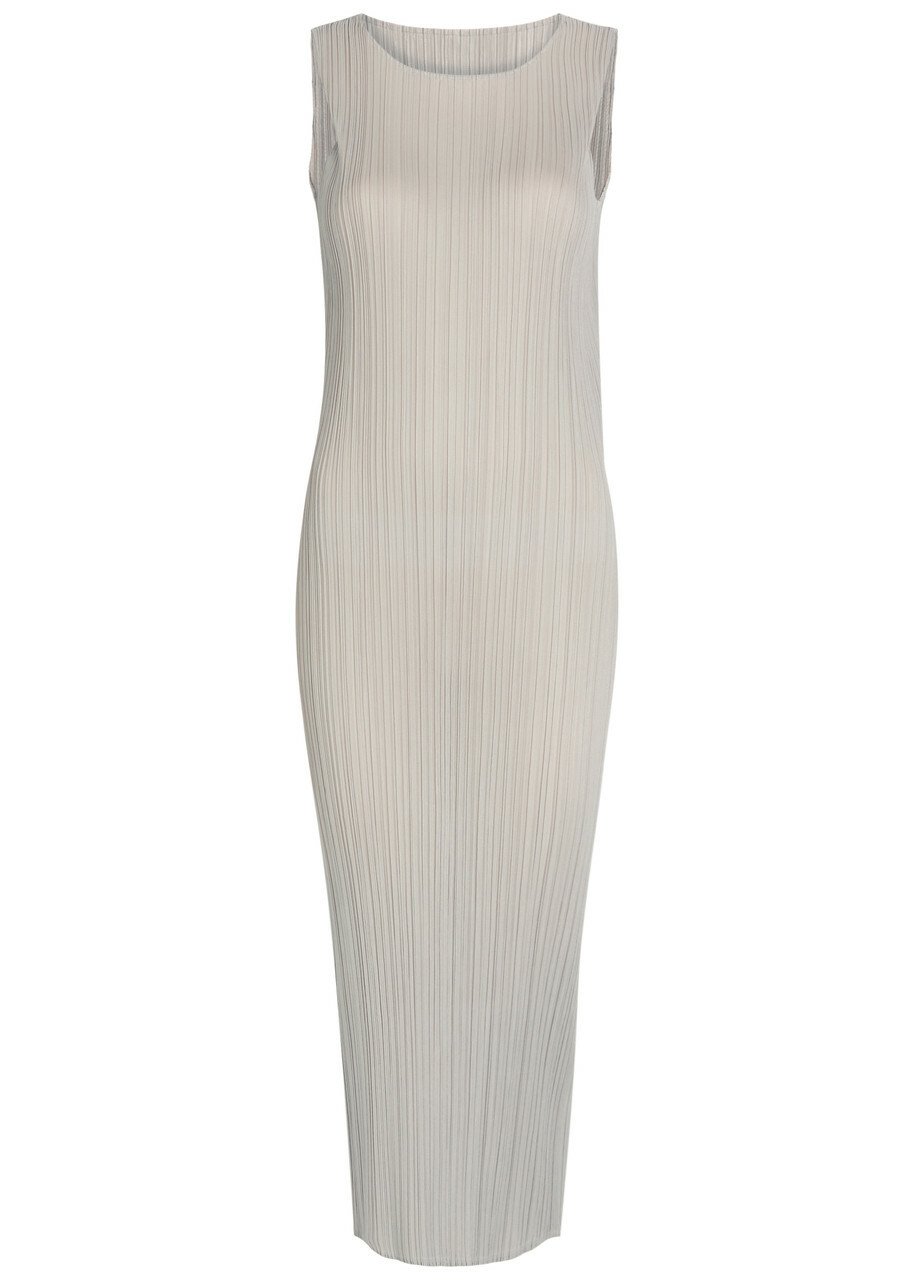 Pleats Please Issey Miyake Pleated Woven Midi Dress Beige