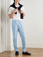 Mr P. - Tapered Pleated Virgin Wool, Linen and Silk-Blend Drawstring Trousers - Blue