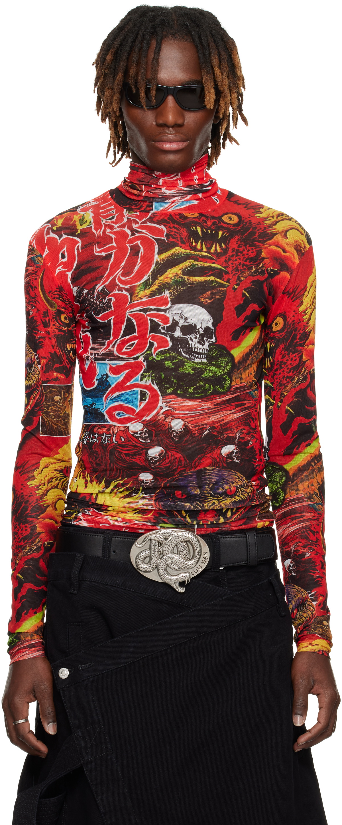 LU'U DAN Red Masked Mesh Turtleneck