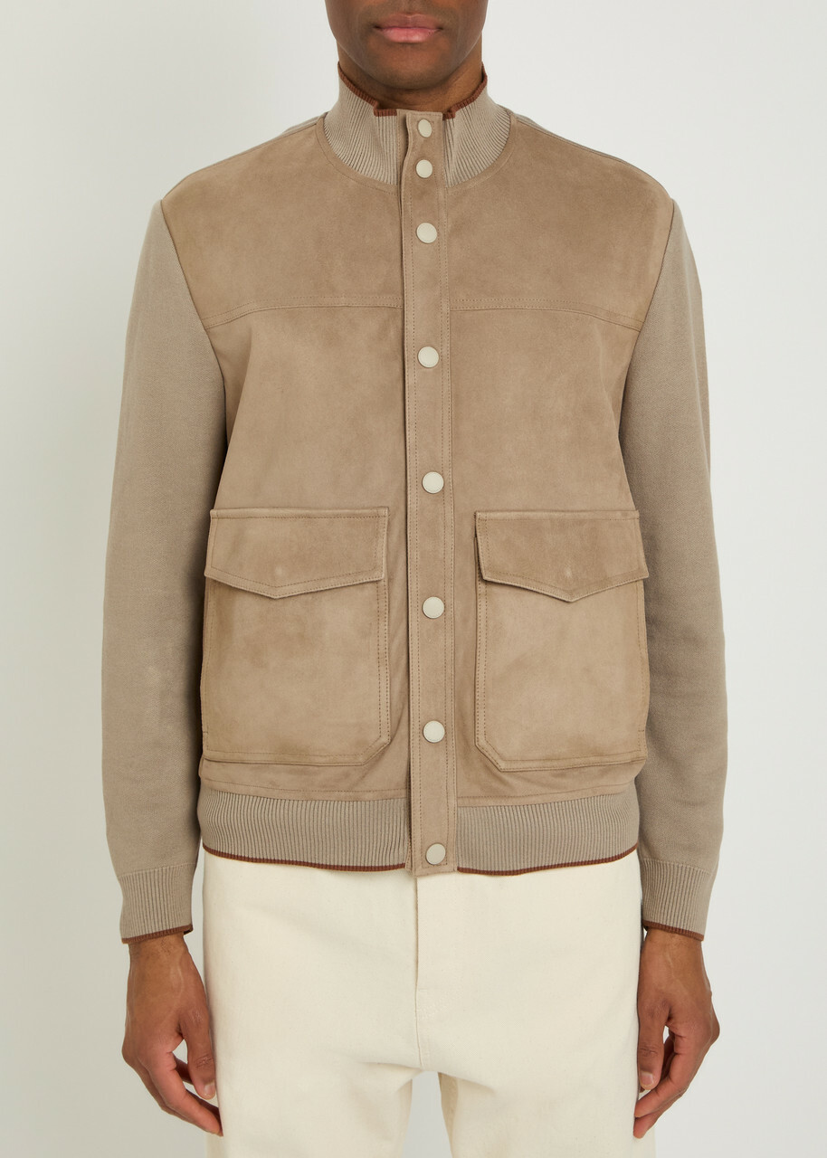 Canali Panelled Suede and Ribbed-knit Jacket Stone