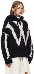 JW Anderson Navy Chunky Knit Logo Hoodie