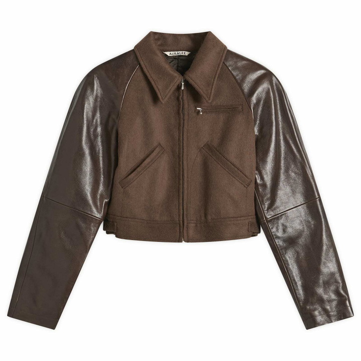 Photo: Auralee Women's Flannel Crop Zip Jacket in Dark Brown