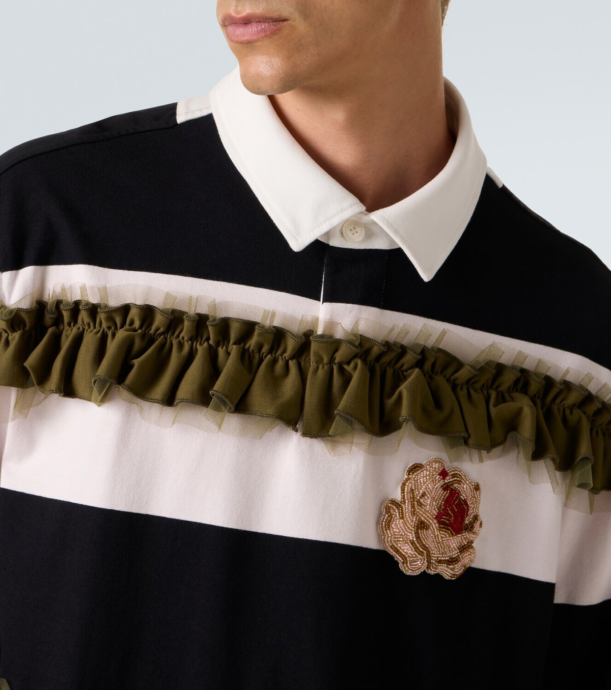 Simone Rocha Ruffled striped cotton polo shirt