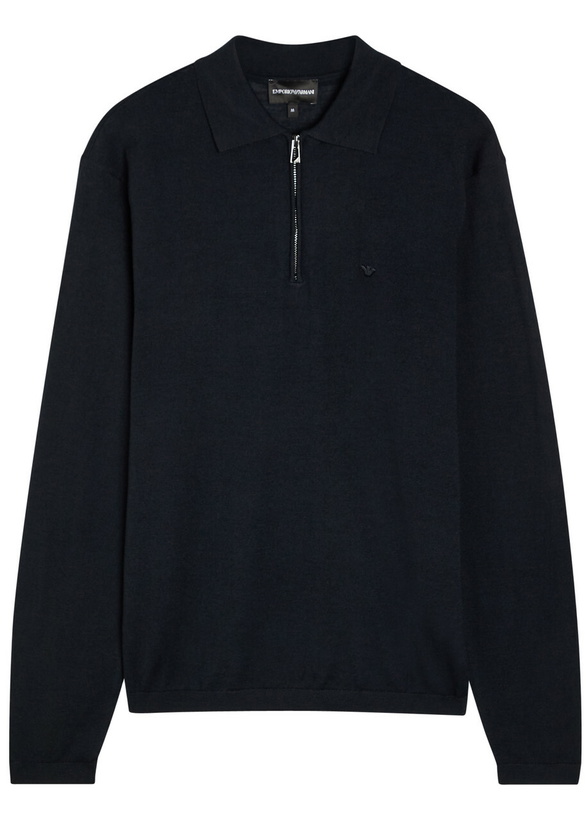 Photo: Emporio Armani Logo-embroidered Fine-knit Wool Polo Jumper Navy