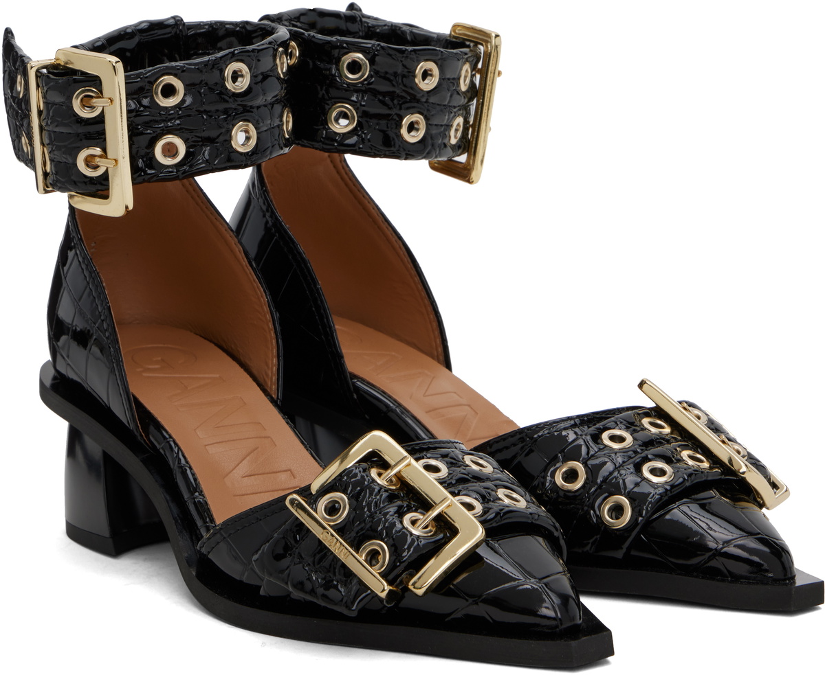New Ganni Black Patent Slingback Feminine Buckle Ballerinas
