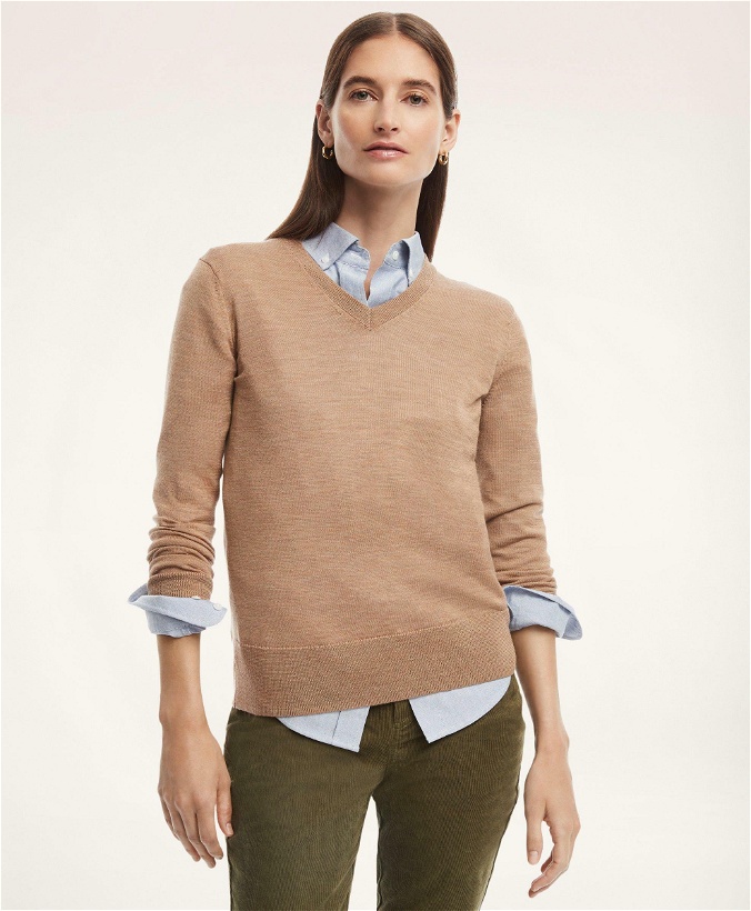 Photo: Brooks Brothers Women's Merino Wool V-Neck Sweater | Camel