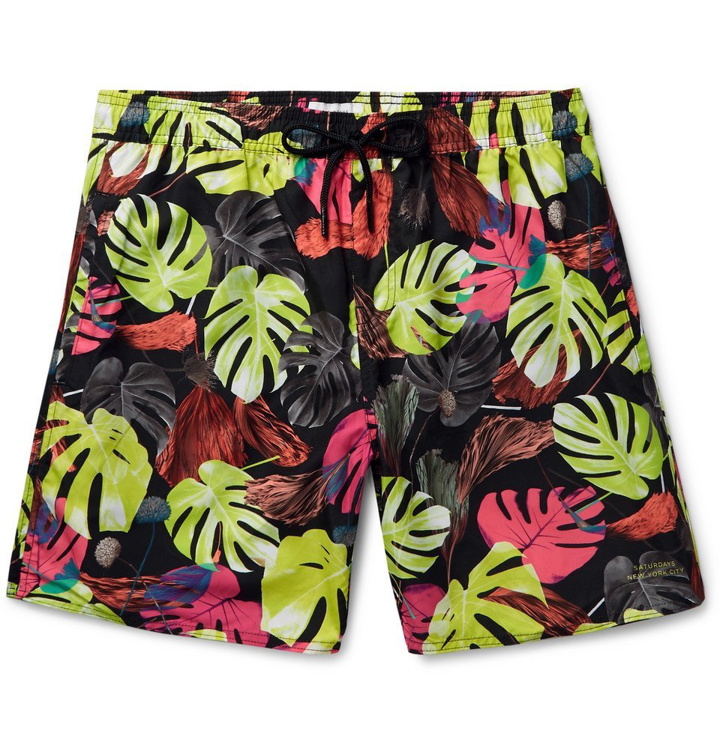 Photo: Saturdays NYC - Wide-Leg Mid-Length Printed Swim Shorts - Black