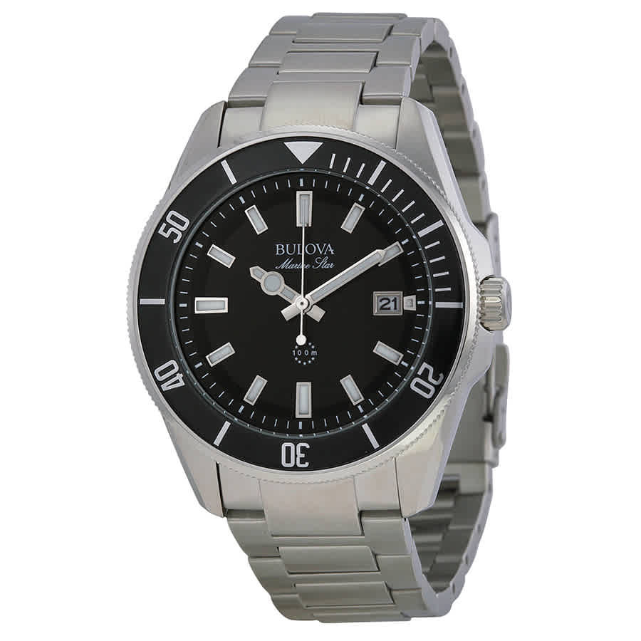 Bulova Marine Star Black Dial Stainless Steel Mens Watch 98B203