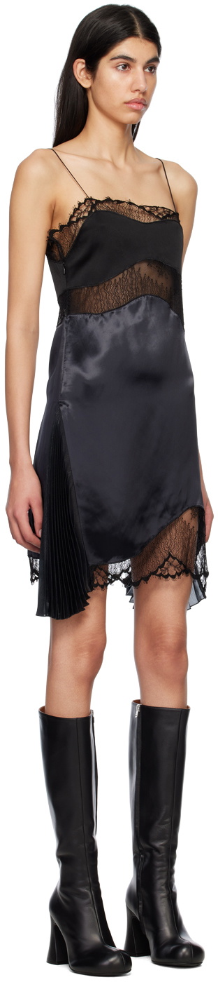 chinese dress ladies Victoria Beckham Lace-Trim Ruffled Mini Dress Black Satin & Jersey Siz   Celebrity Owned