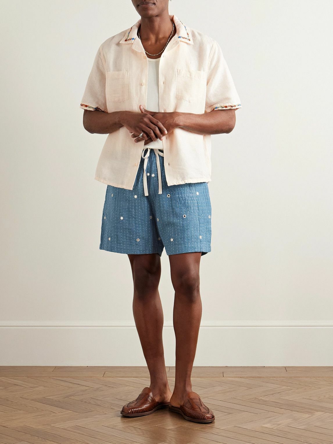 Kartik Research - Straight-Leg Embellished Kantha Cotton Drawstring Shorts - Blue