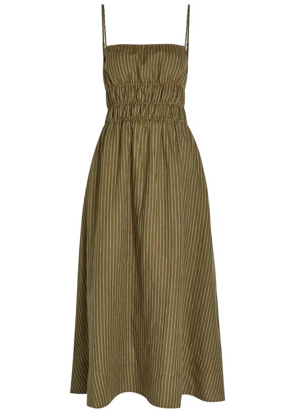 Photo: Staud Ayla Striped Linen Midi Dress Green