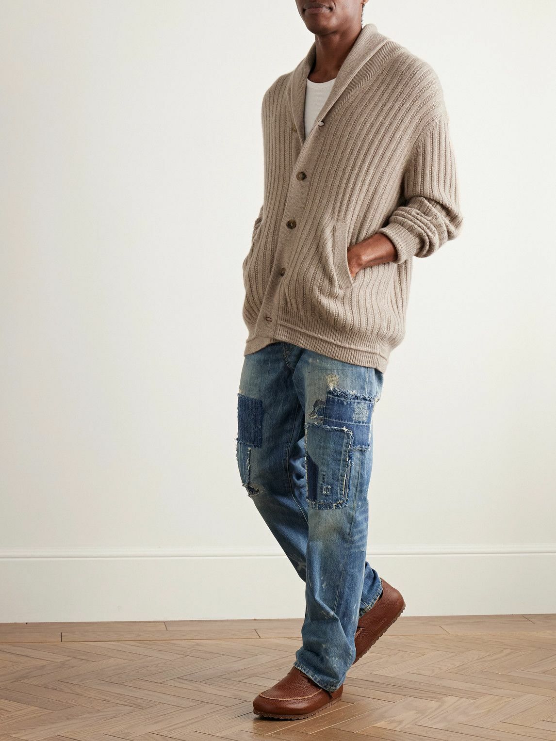 Guest In Residence - Varsity Shawl-Collar Ribbed Cashmere Cardigan - Neutrals