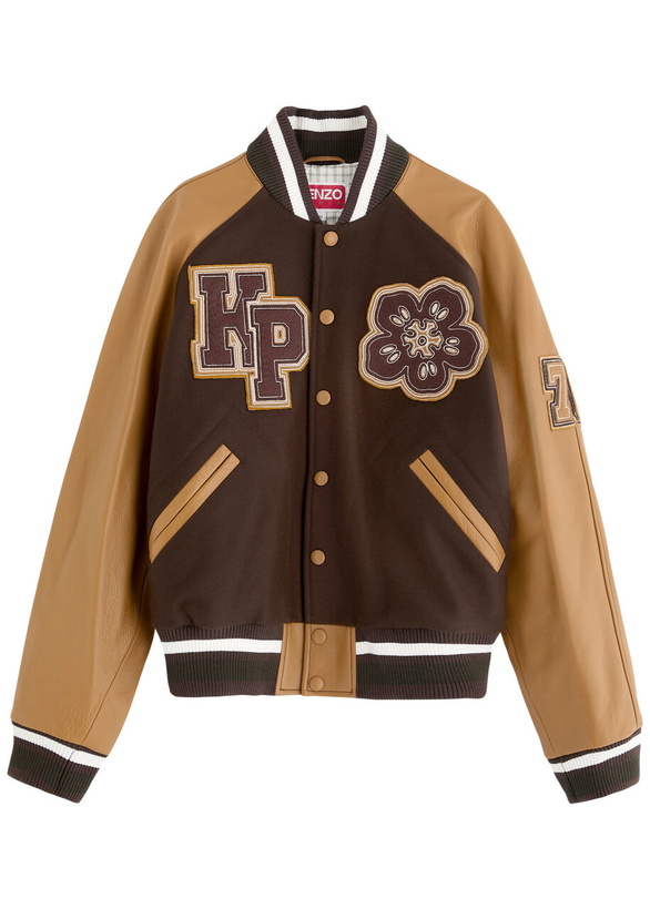 Photo: Kenzo Boke Flower Leather and Wool-blend Varsity Jacket Brown