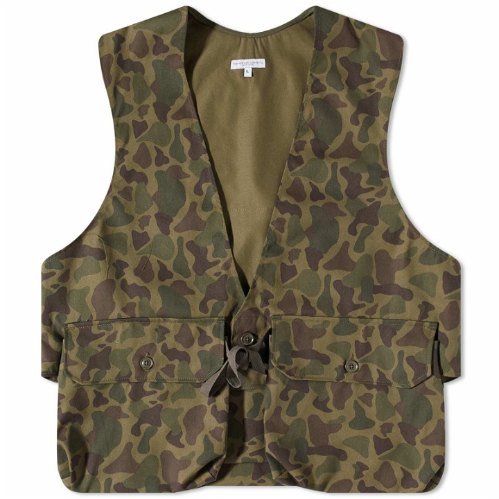 Photo: Engineered Garments Men's Fowl Vest in Olive Camo Twill