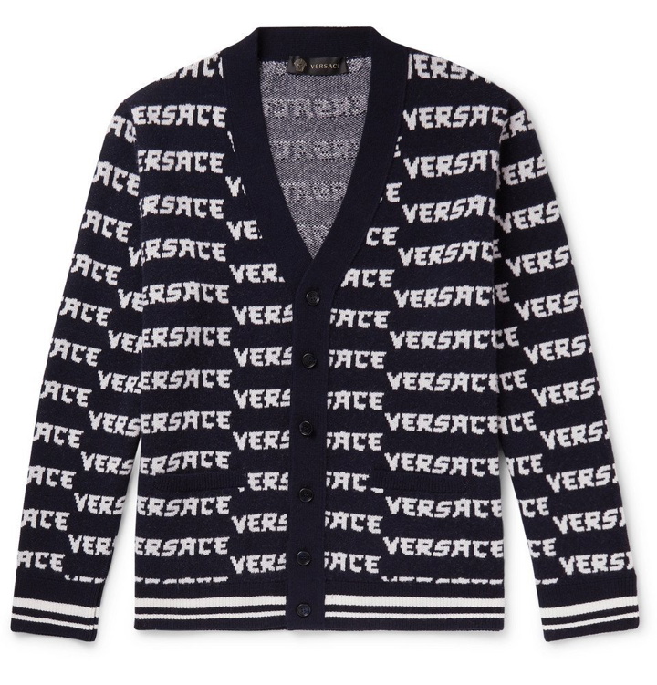 Photo: Versace - Logo-Jacquard Wool Cardigan - Navy
