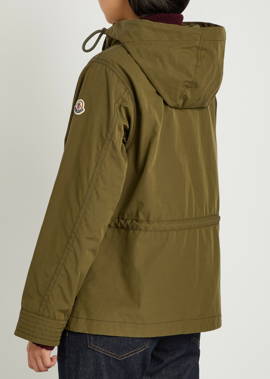 Moncler Serin Hooded Drawstring Waxed Poplin Parka Jacket Olive