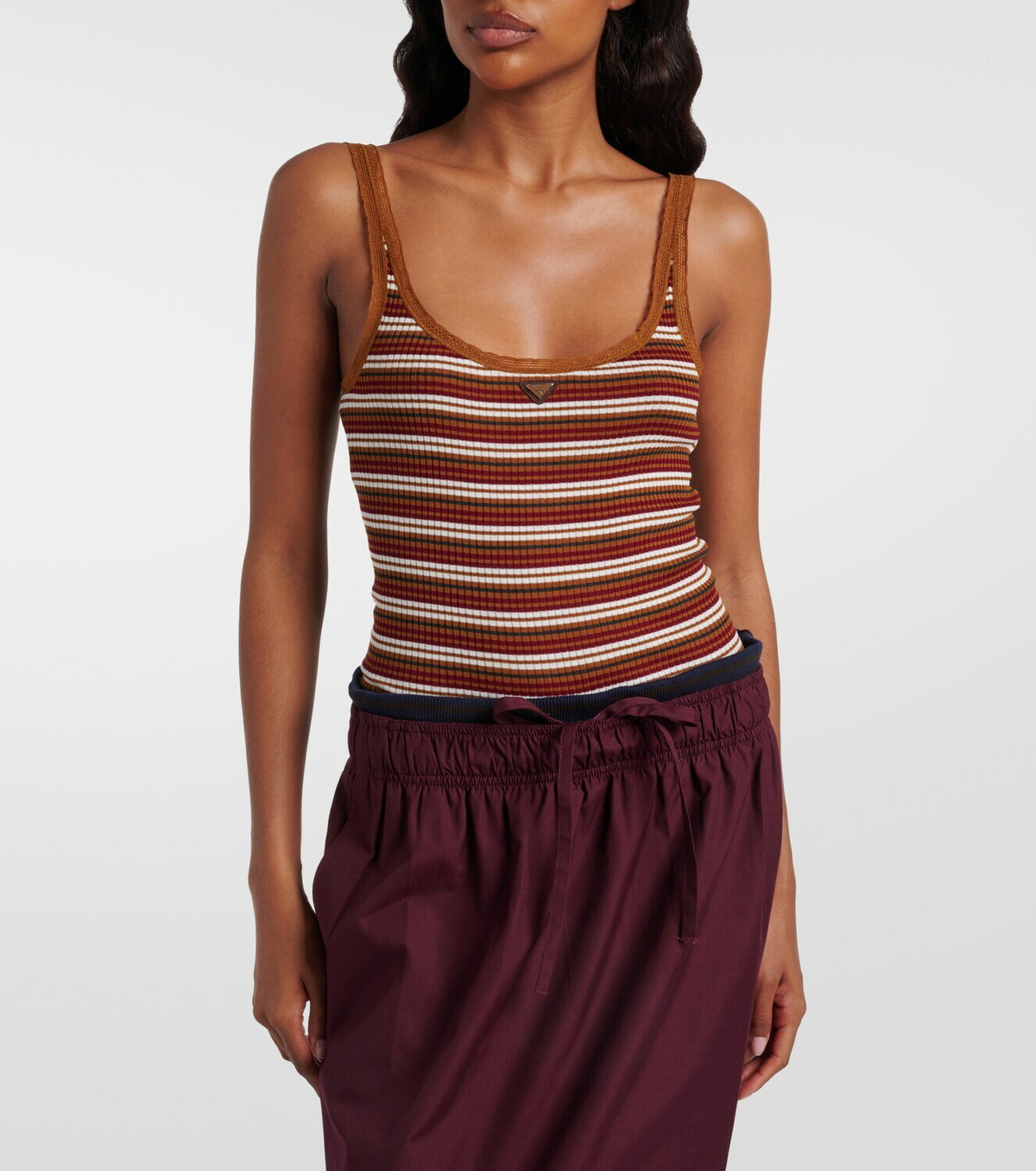 Prada Lace-trimmed striped cotton tank top