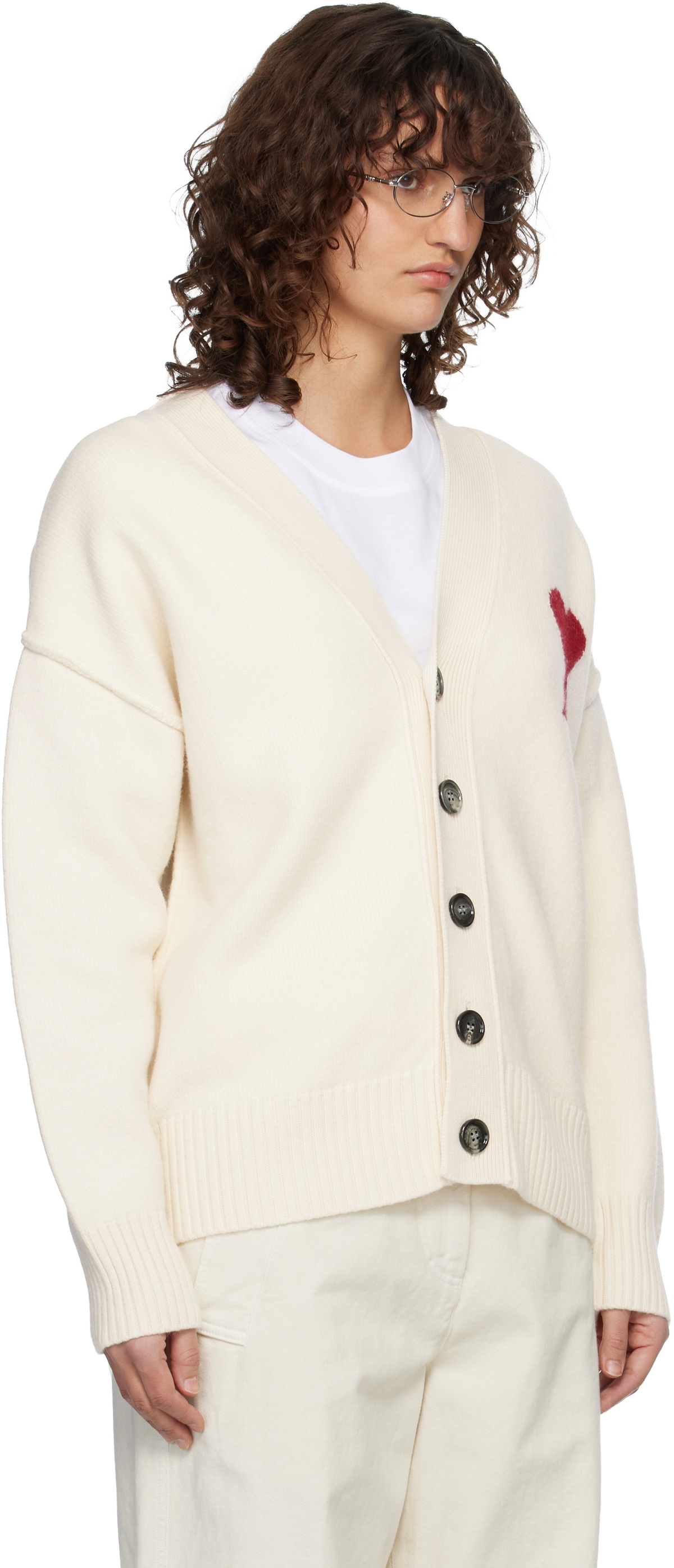 AMI Paris Off-White Wool Ami de Coeur Cardigan