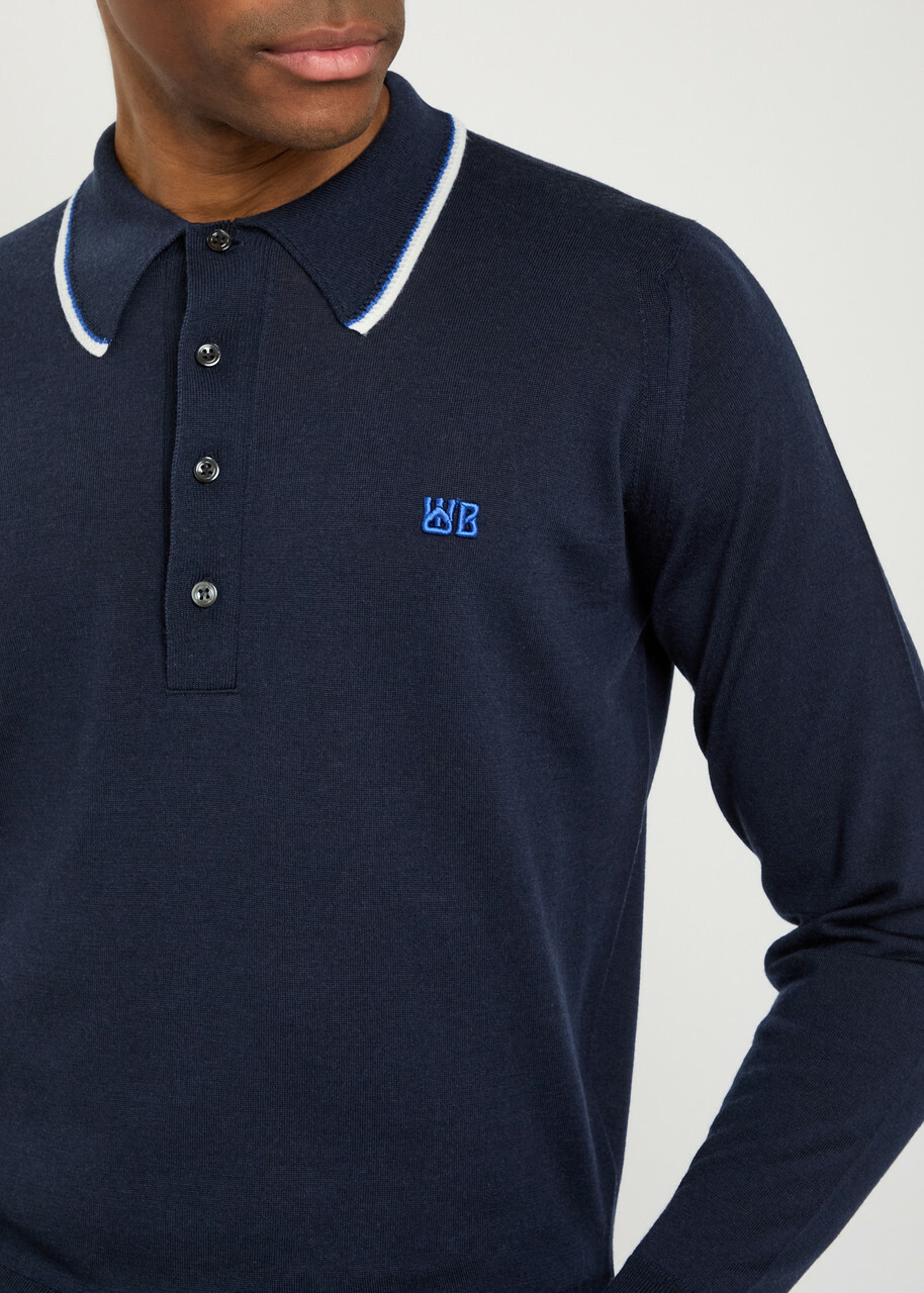 Wales Bonner Henry Logo Fine-knit Merino Wool Polo Jumper Navy