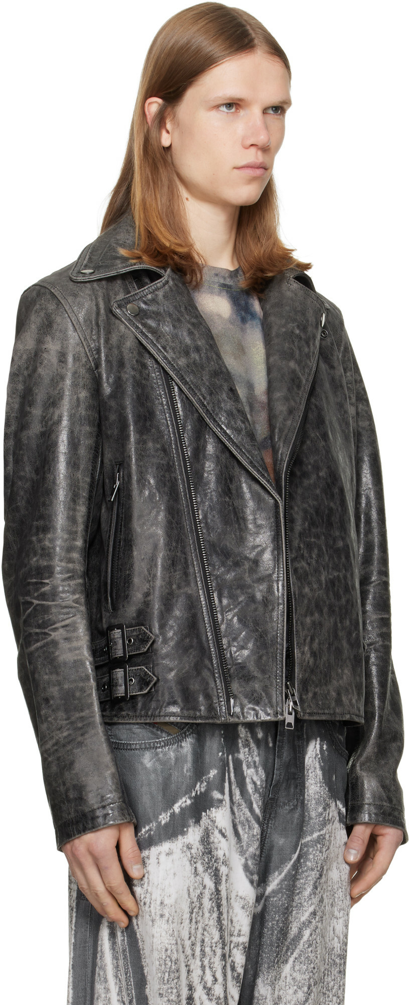 Diesel Gray Treated Leather Biker Jacket