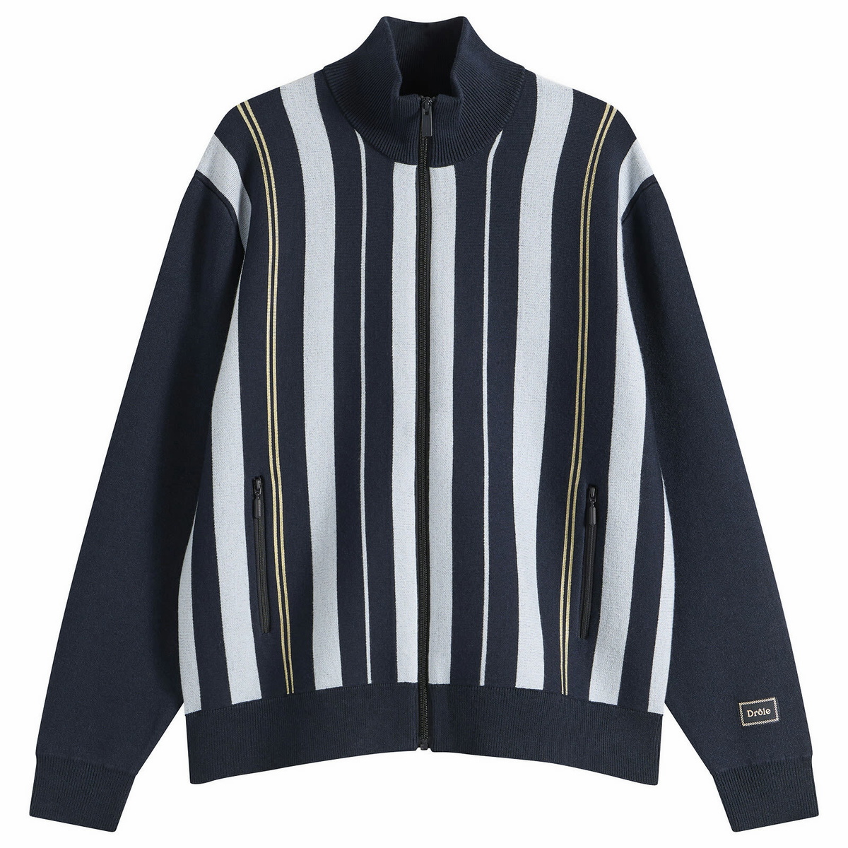 Drôle de Monsieur Men's Striped Zipped Knit Jacket in Navy