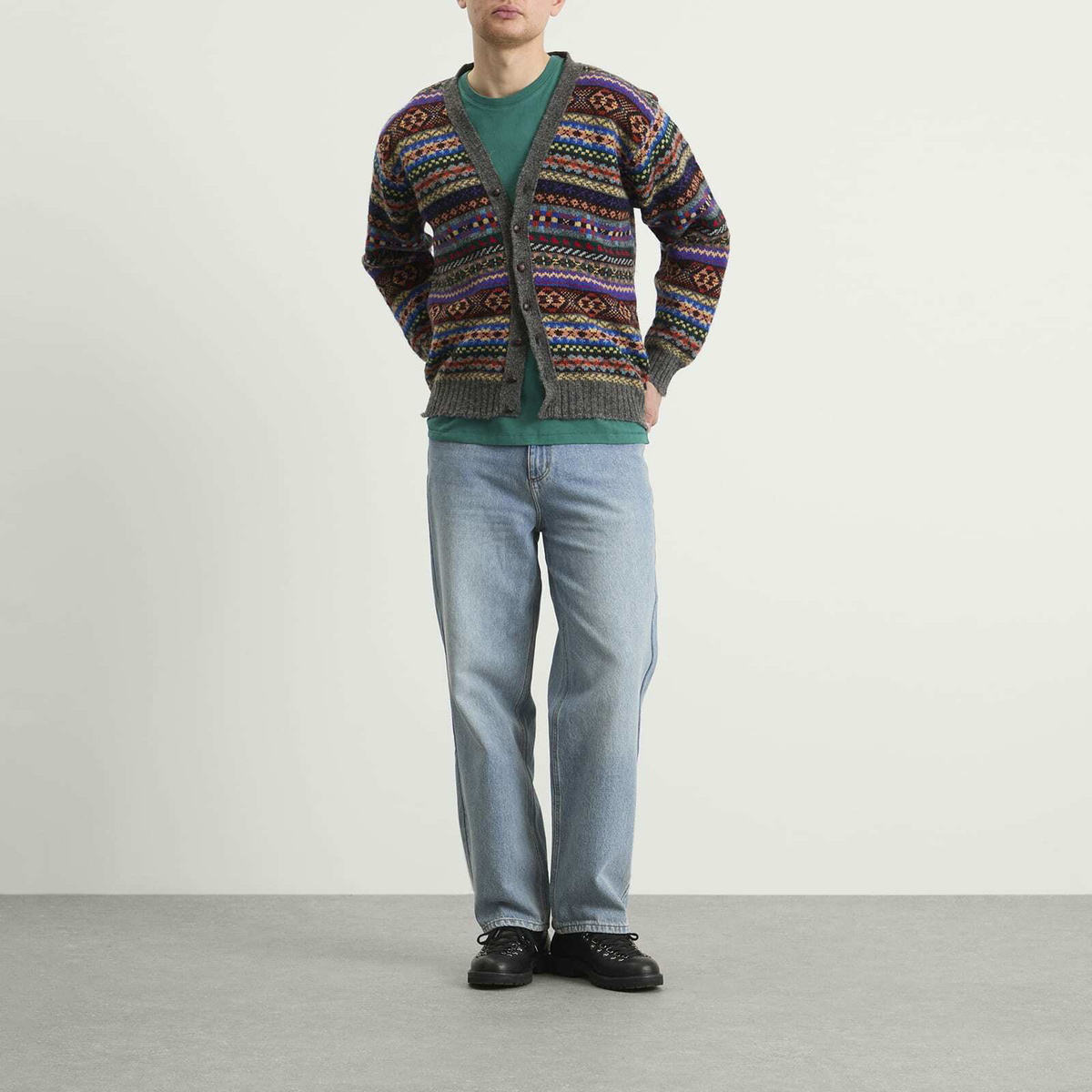 Jamieson's of Shetland Men's Jamiesons of Shetland Fair Isle V-Neck Cardigan in Grey
