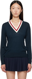 Sporty & Rich Navy 'SRC' Minimalist V-Neck Sweater