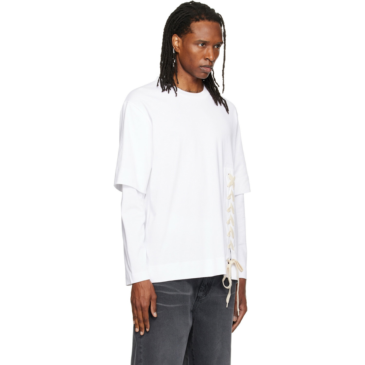 Simone Rocha White Lace Up Hem Layered Long Sleeve T-shirt