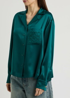 Loewe Anagram-embroidered Silk-satin Blouse Green Dark