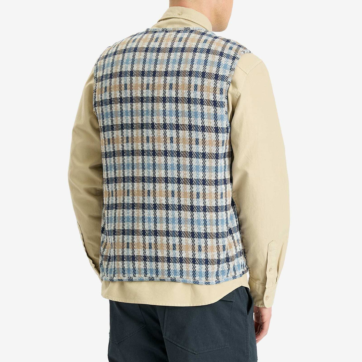 Universal Works Men's Summer Check Zip Gilet in Brown/Blue