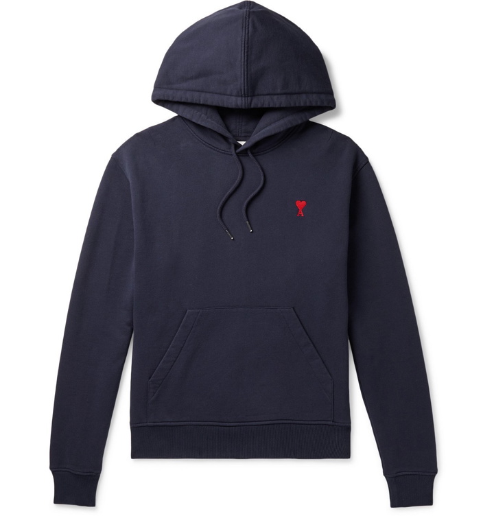 Photo: AMI PARIS - Logo-Embroidered Loopback Cotton-Jersey Hoodie - Blue