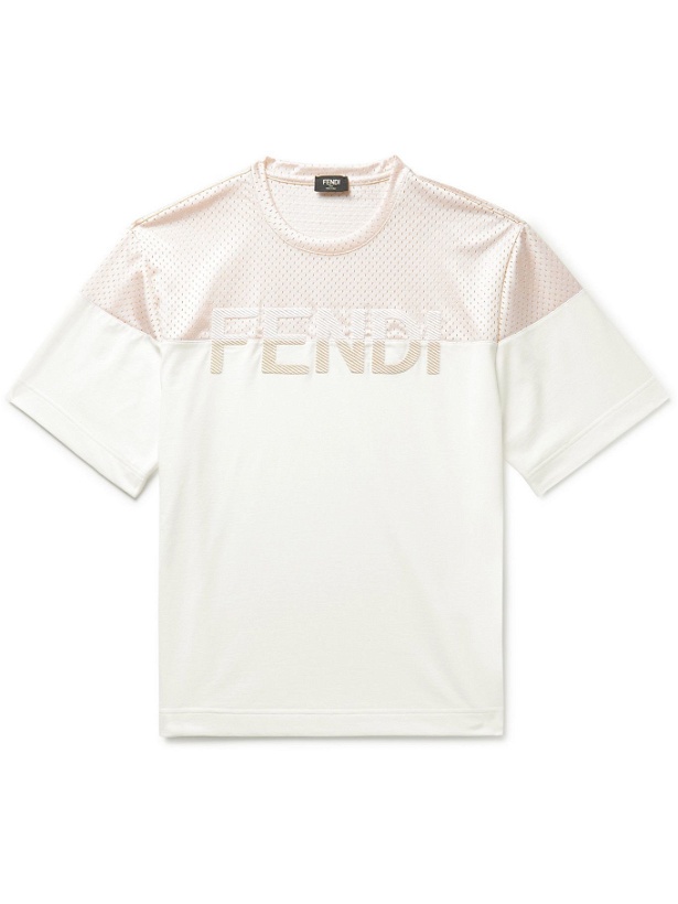 Photo: FENDI - Logo-Appliquéd Mesh-Panelled Cotton-Blend Jersey T-Shirt - Neutrals