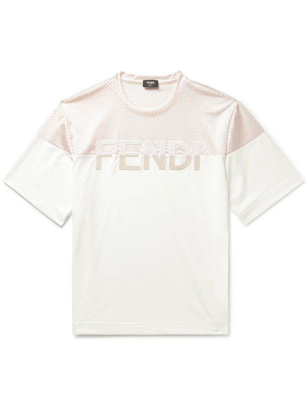 Photo: FENDI - Logo-Appliquéd Mesh-Panelled Cotton-Blend Jersey T-Shirt - Neutrals