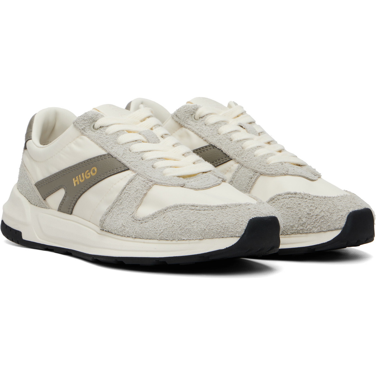 Hugo Off-White & Gray Logo Detail Suede-Trim Sneakers