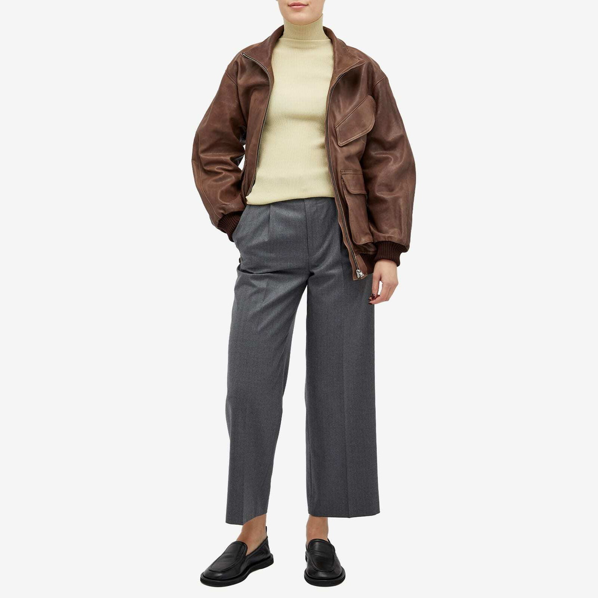 Auralee Women's Wool Flannel Stripe Slacks in Top Gray Auralee