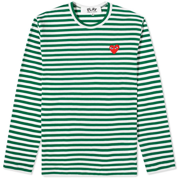 Photo: Comme des Garçons Play Men's Long Sleeve Heart Stripe Logo T-Shirt in Green/White/Red