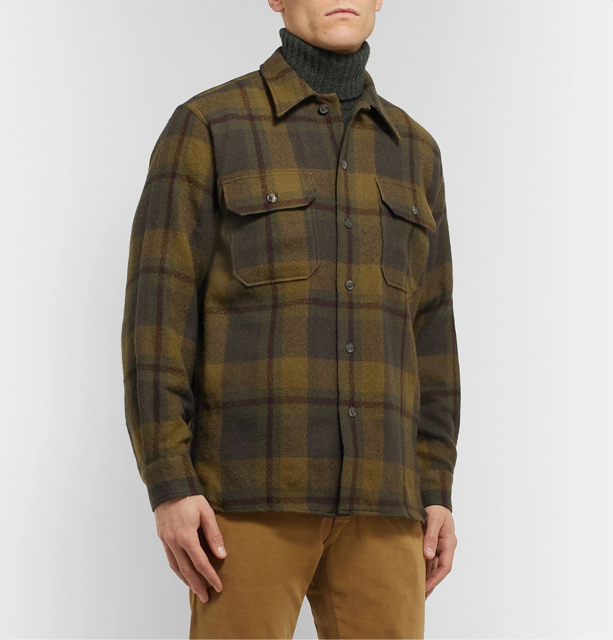 Camoshita Checked Brushed Wool Flannel Overshirt Green