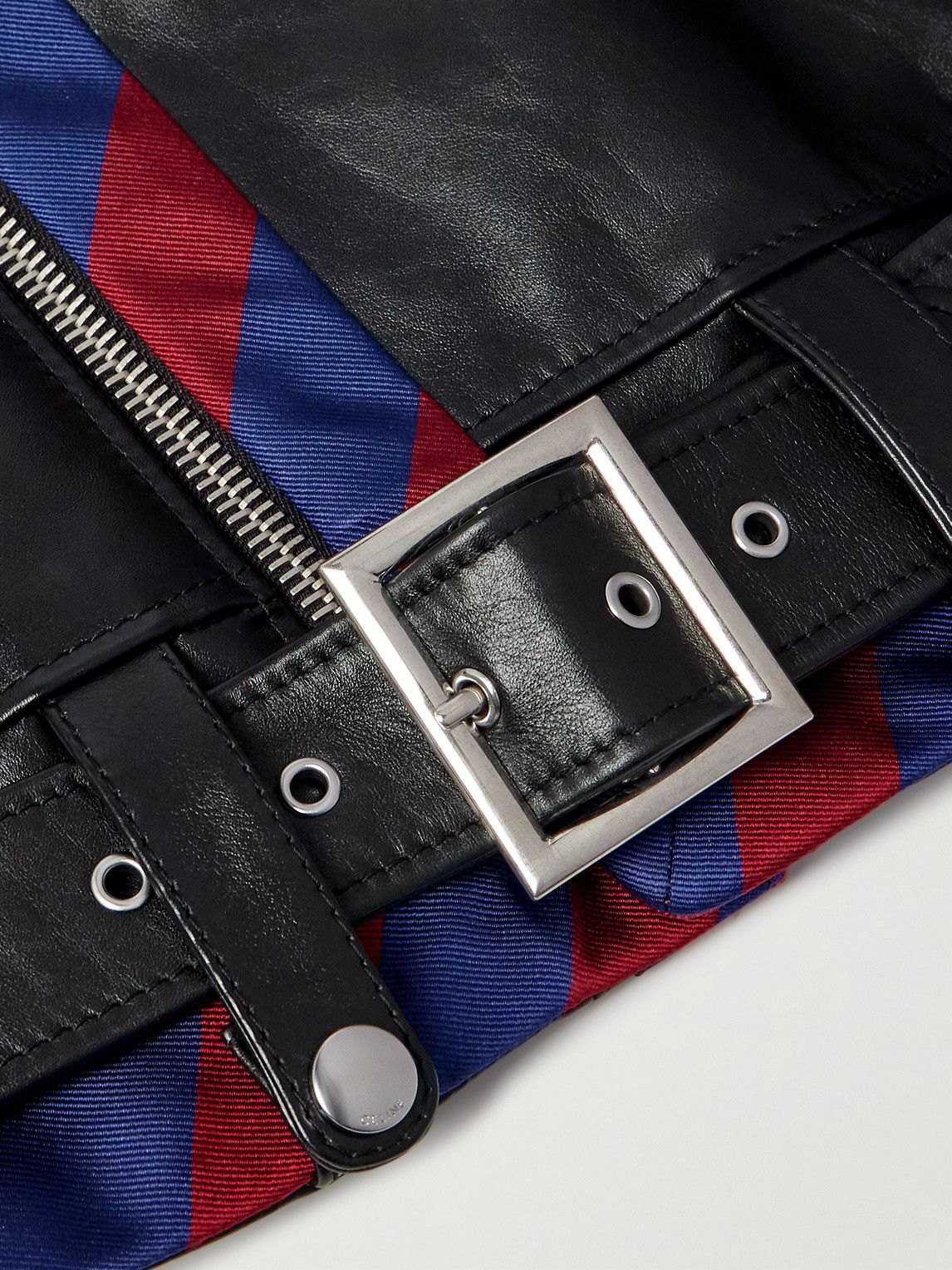 CELINE - Belted Striped Twill-Trimmed Leather Biker Jacket - Black