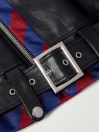 CELINE - Belted Striped Twill-Trimmed Leather Biker Jacket - Black