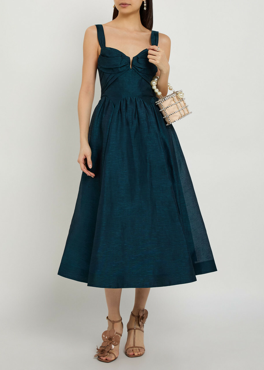 Zimmermann Rebellion Pleated Linen and Silk-blend Midi Dress Teal