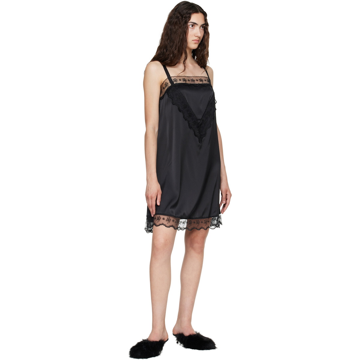 Simone Rocha Black Square Neck Lace Trim Minidress