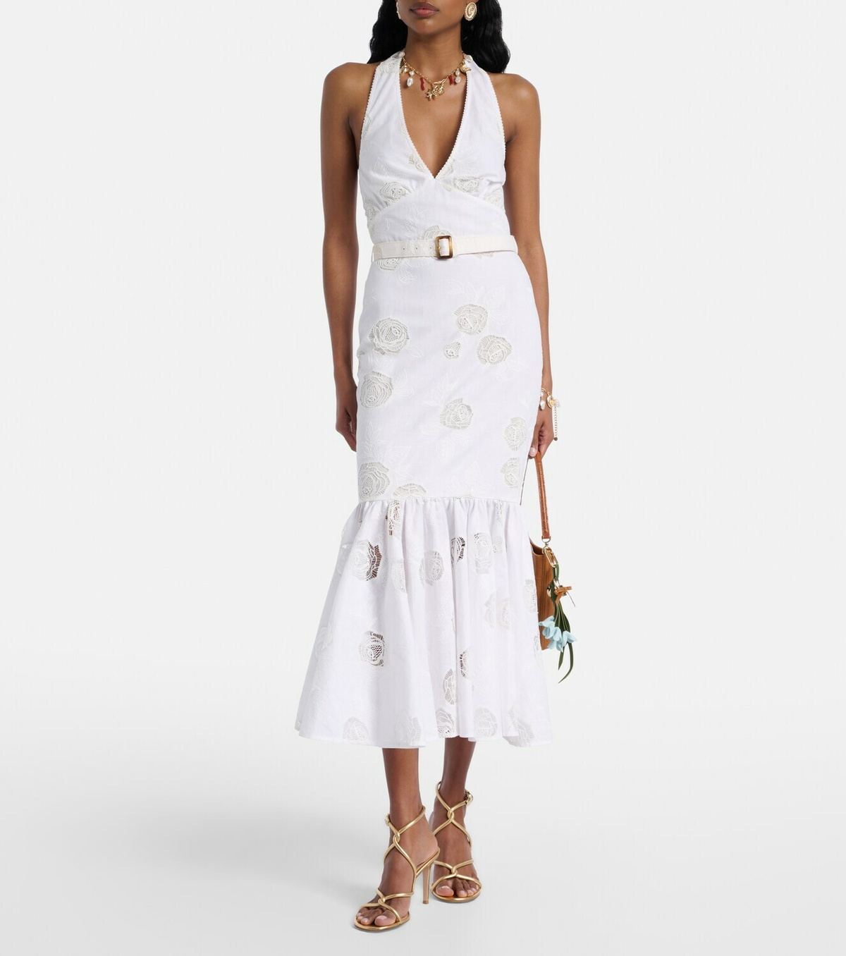 Self-Portrait Halterneck linen and cotton midi dress