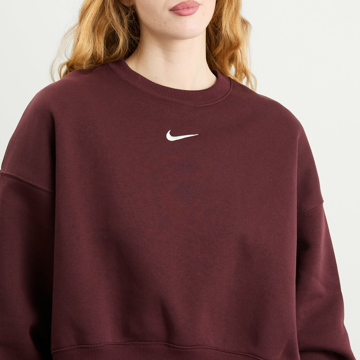 Nike Women's Phoenix Fleece Oversized Crewneck in Burgundy/Sail