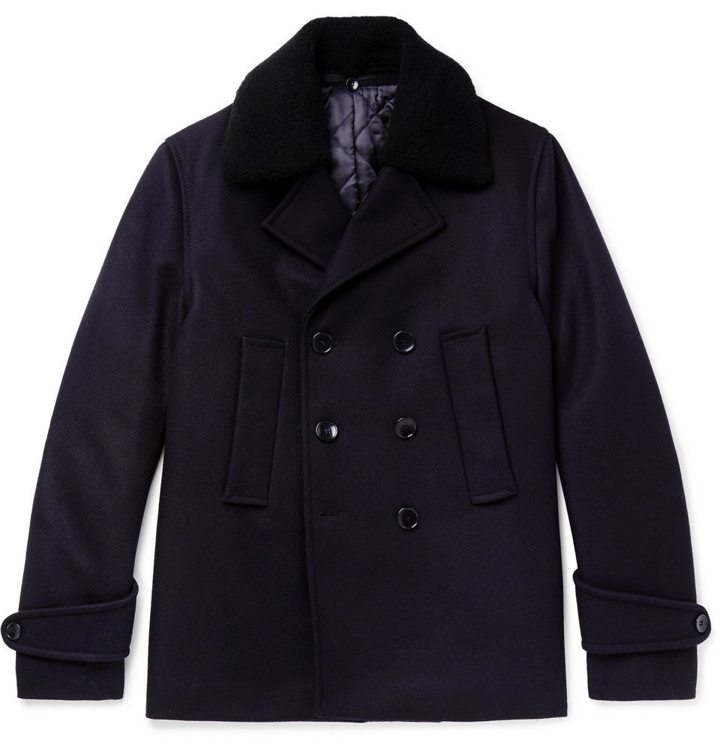 Photo: Officine Generale - Faux Shearling-Trimmed Double-Breasted Melton Wool-Blend Peacoat - Men - Navy