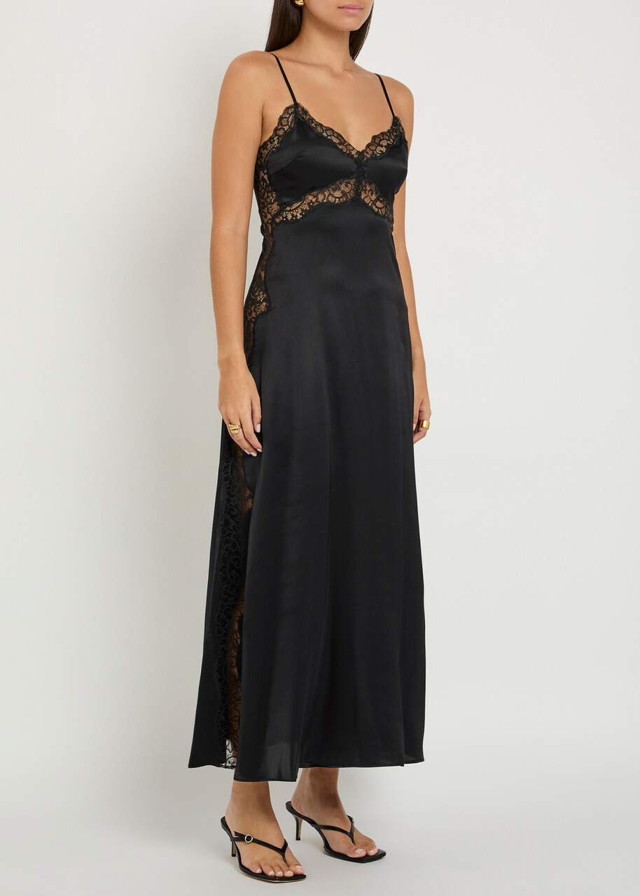 Reformation Ericka Lace-trim Silk Midi Slip Dress Black