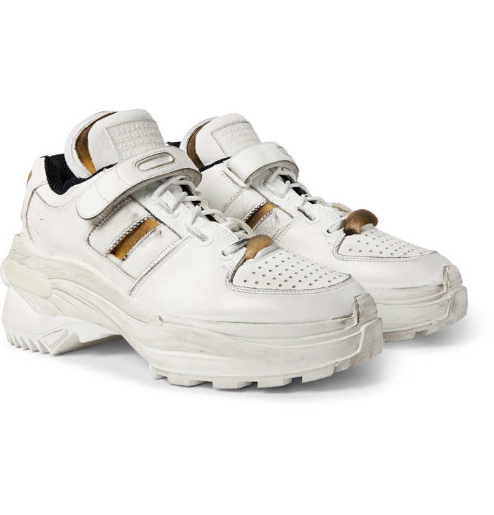 Photo: Maison Margiela - Distressed Leather Sneakers - Men - White