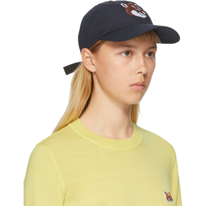 Maison Kitsune Navy Large 6P Fox Head Embroidery Cap Maison Kitsune